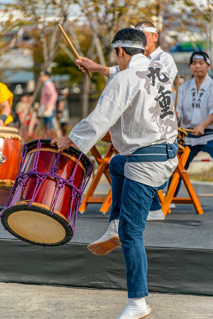 Traditional taiko drummers during a competition in Tokyo, Japan