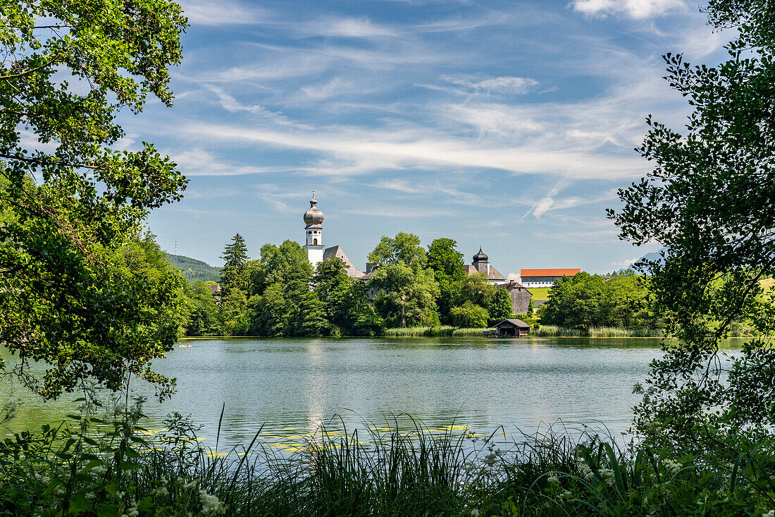 View in sunshine over the Höglwörther See to the monastery, Chiemgau, Bavaria, Germany