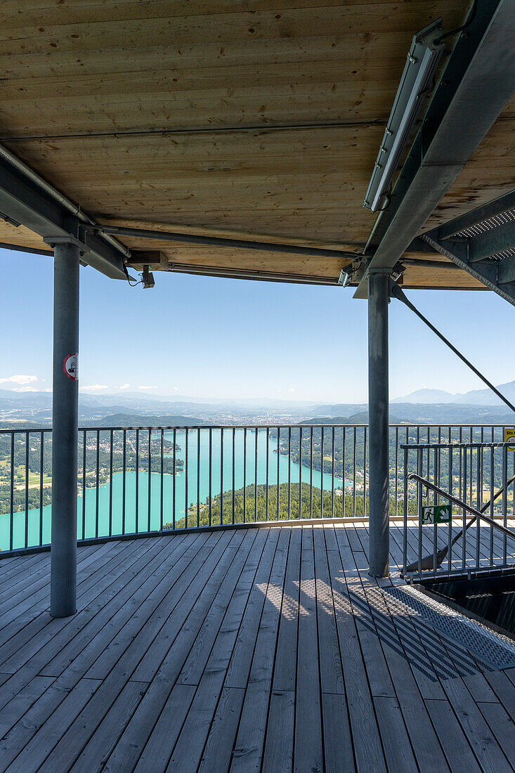 Observation tower Pyramidenkogel with a view of the Wörthersee, Carinthia, Austria