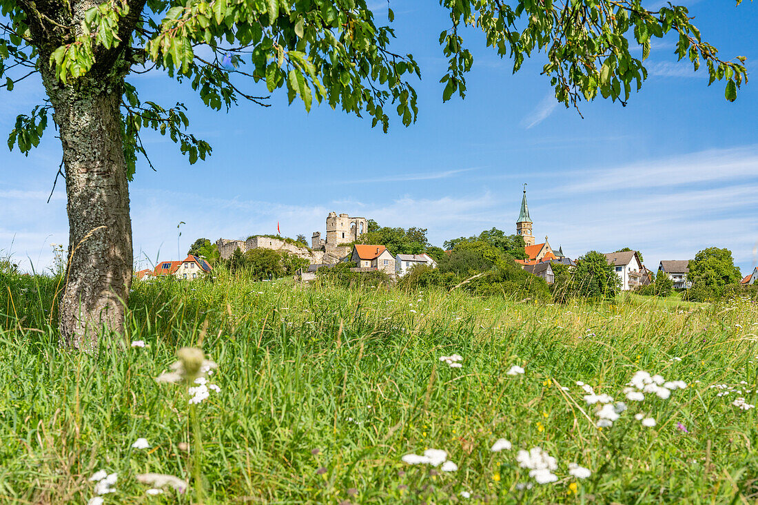 View of the village of Altenstein with castle and church, municipality of Markt Maroldsweisach, district of Haßberge, Lower Franconia, Bavaria