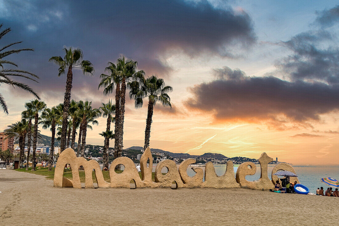 Lettering Malagueta, sandy Malaga beach, Costa del Sol, Malaga Province, Andalusia, Spain, Europe