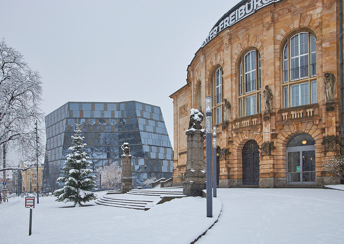 View of city theater and university library in snow, Freiburg, Breisgau, Southern Black Forest, Black Forest, Baden-Wuerttemberg, Germany, Europe