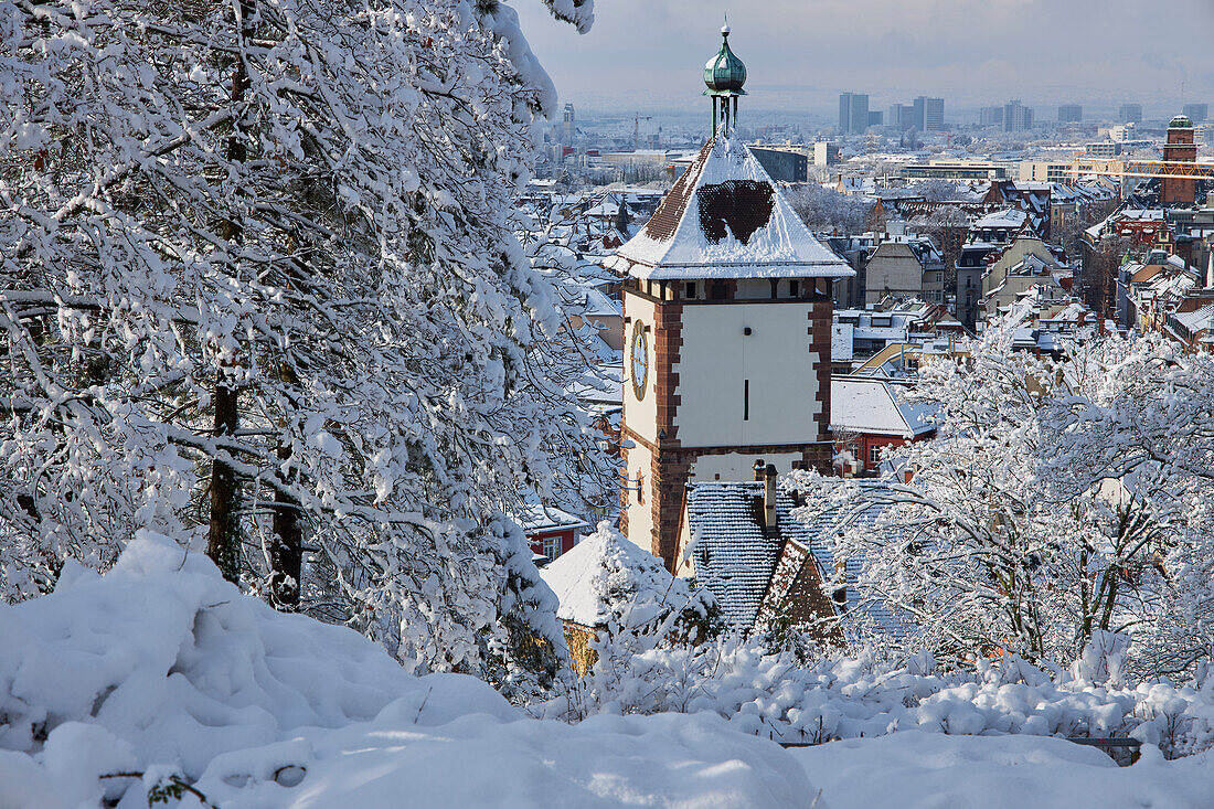 View from Schlossberg to Schwabentor in snow, Freiburg, Breisgau, Southern Black Forest, Black Forest, Baden-Wuerttemberg, Germany, Europe