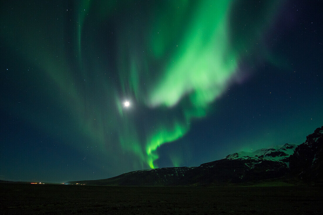 Northern lights at full moon, aurora borealis, south Iceland, Europe