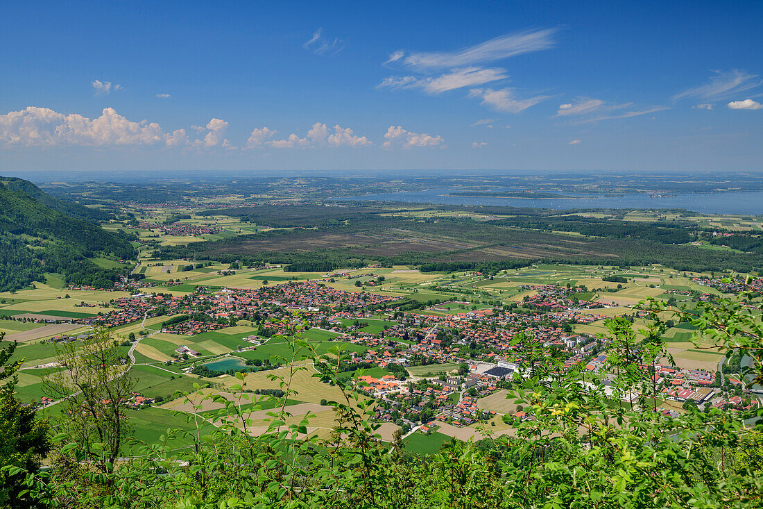 View down from the Schnappenkirche on Alpine foreland with Staudach and Chiemsee, Schnappenkirche, Hochgern, Chiemgau Alps, Salzalpensteig, Upper Bavaria, Bavaria, Germany