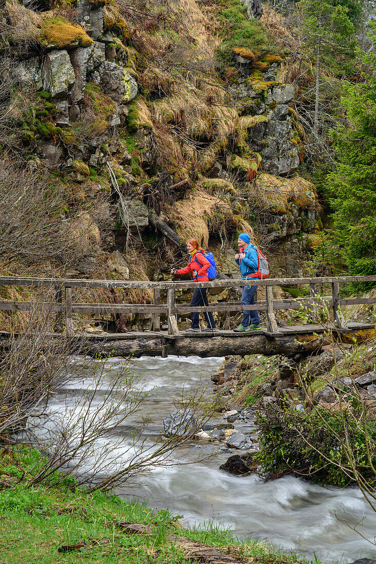 Man and woman hiking on bridge over stream, Donnerschlucht, Nockberge, Nockberge-Trail, UNESCO Biosphere Park Nockberge, Gurktal Alps, Carinthia, Austria