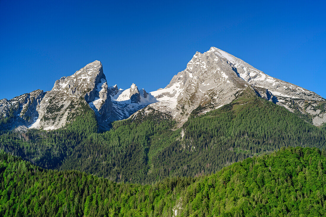 Watzmannmassiv mit Kleinem Watzmann, Watzmannkinder und Watzmann-Hocheck, Nationalpark Berchtesgaden, Berchtesgadener Alpen, Oberbayern, Bayern, Deutschland