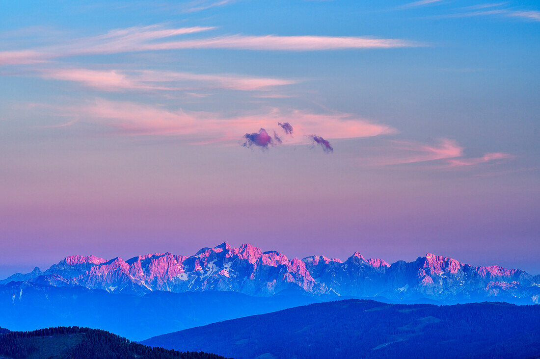 Alpenglow on the Julian Alps with Triglav, from the Predigerstuhl, Nockberge, Nockberge-Trail, UNESCO Nockberge Biosphere Park, Gurktal Alps, Carinthia, Austria