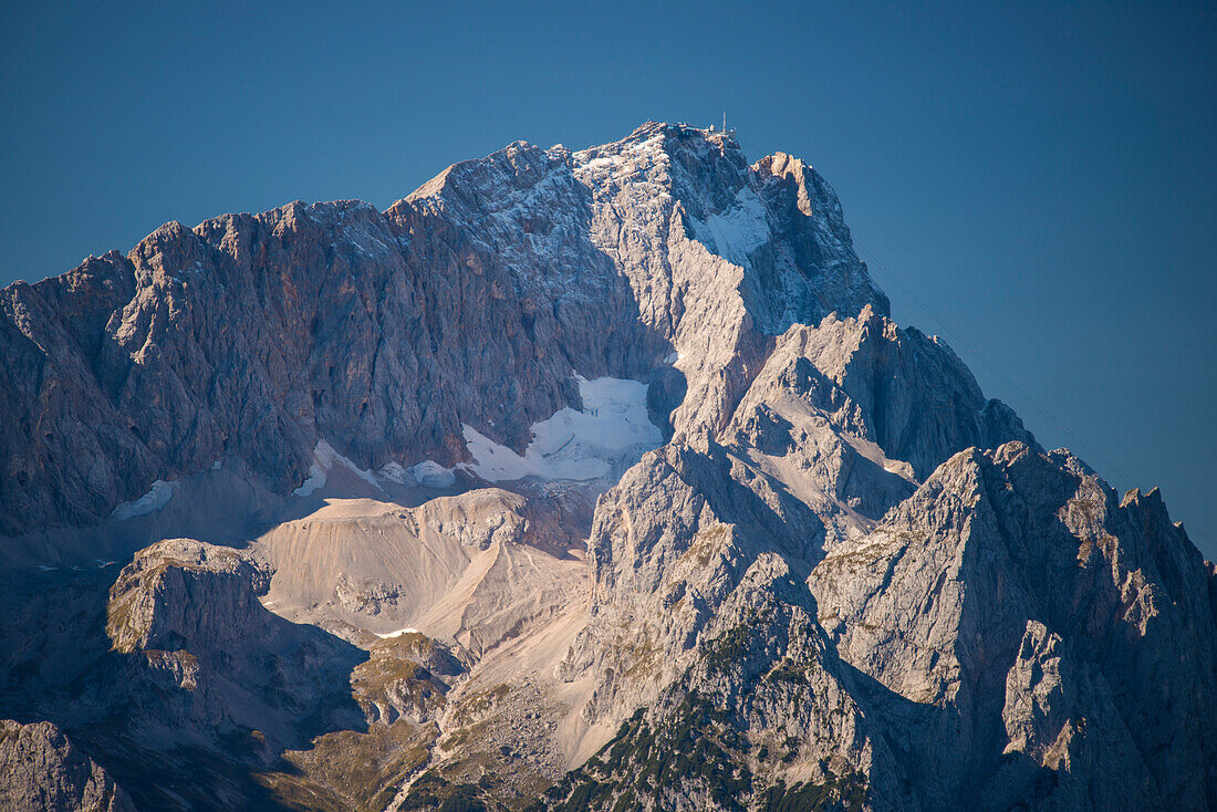 Panorama from Wank, 1780m, of the Wetterstein Mountains with Jubiläumsgrat and Zugspitze 2962m, Werdenfelser Land, Upper Bavaria, Bavaria, Germany, Europe