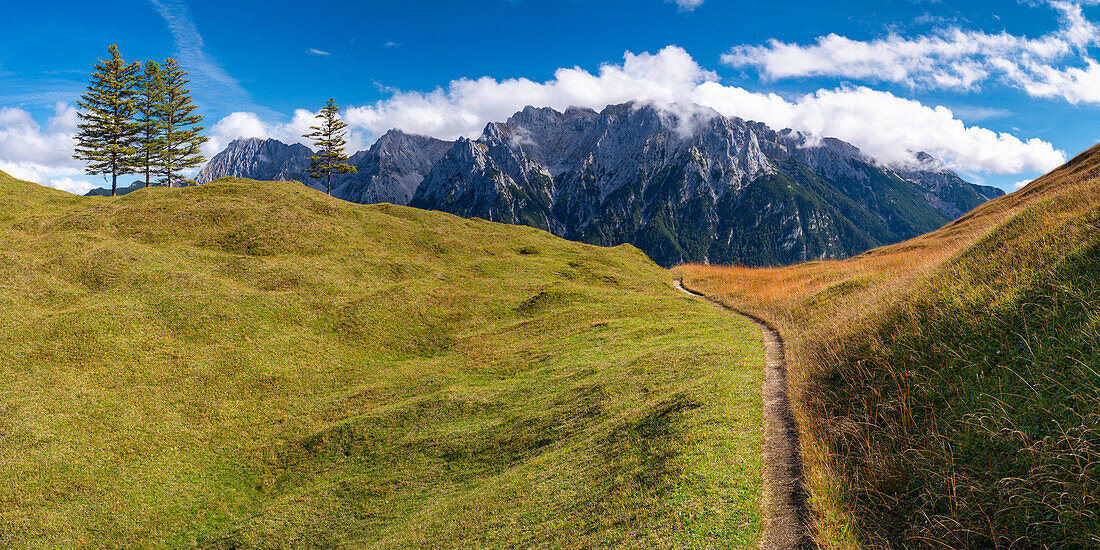 Panorama from Hoher Kranzberg, 1397m to the cloud-shrouded Karwendel Mountains, Werdenfelser Land, Upper Bavaria, Bavaria, Germany, Europe