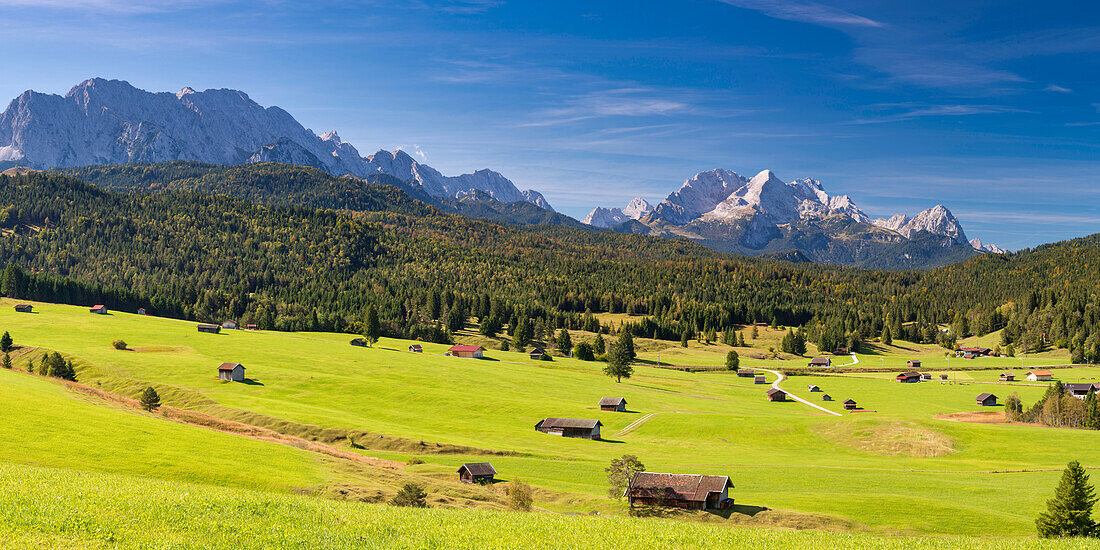 Humpback meadows between Mittenwald and Krün, Werdenfelser Land, behind it the Zugspitze, 2962m, Wetterstein Mountains, Upper Bavaria, Bavaria, Europe