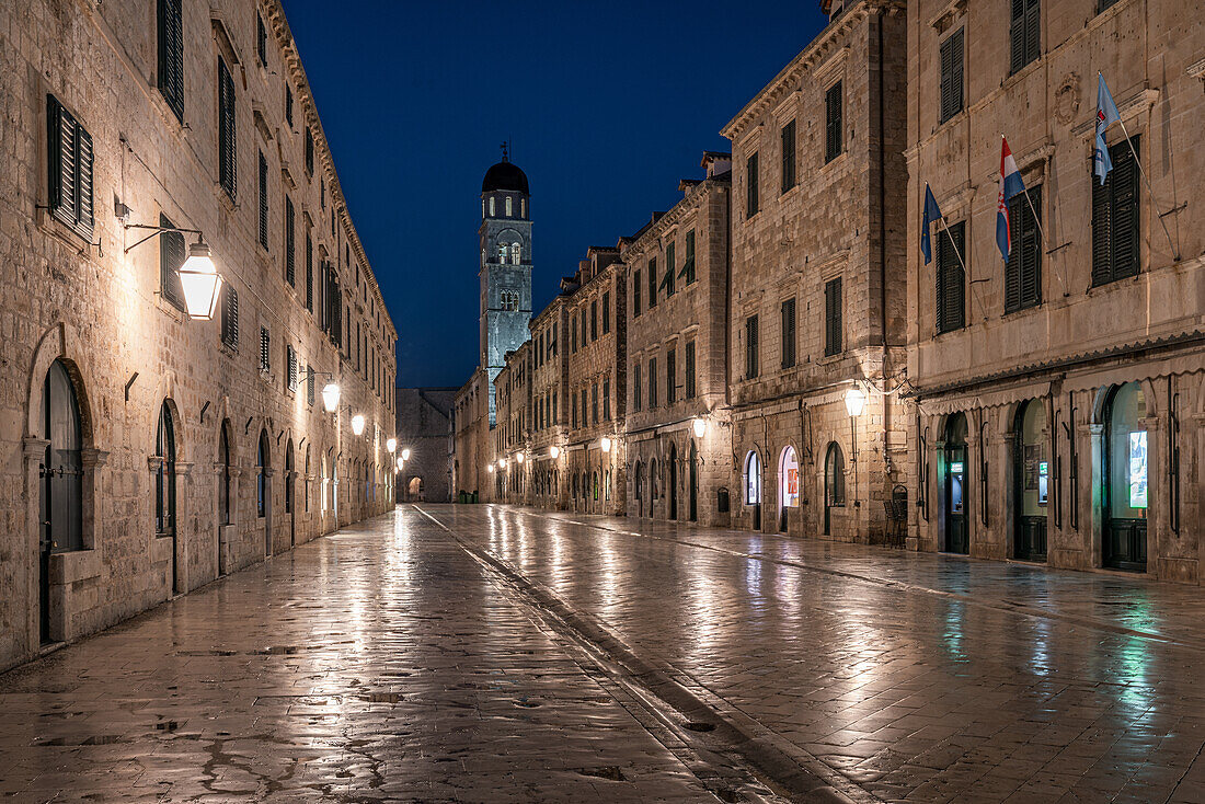 The deserted Stradun in the old town of Dubrovnik, Dalmatia, Croatia.