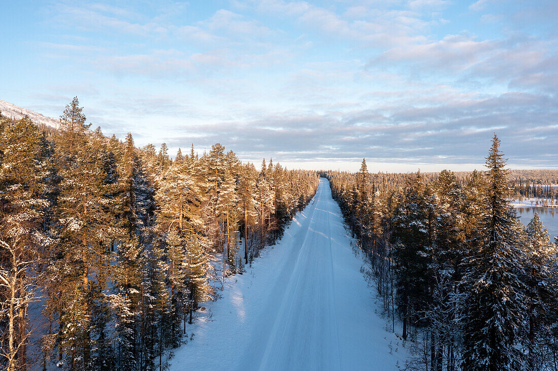 Snow-covered road at Särkijervi, Muonio, Lapland, Finland
