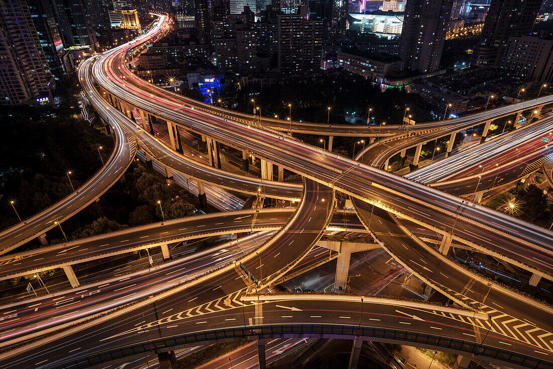 famous Yan An intersection in Shanghai, long exposure at night, People's Republic of China, Asia