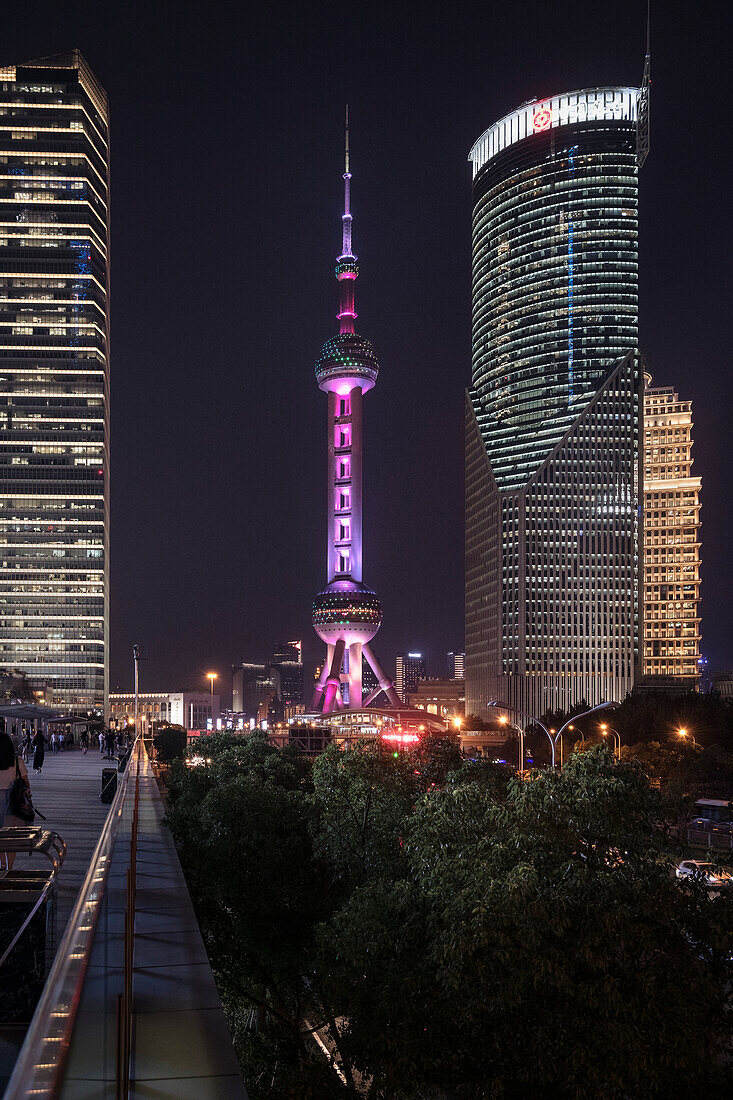 Oriental Pearl Tower television tower in Pudong illuminated at night, Pudong, Shanghai, People's Republic of China, Asia