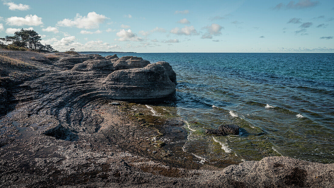 Coast of the island of Öland with limestone cliffs in Sweden with sun and blue sky