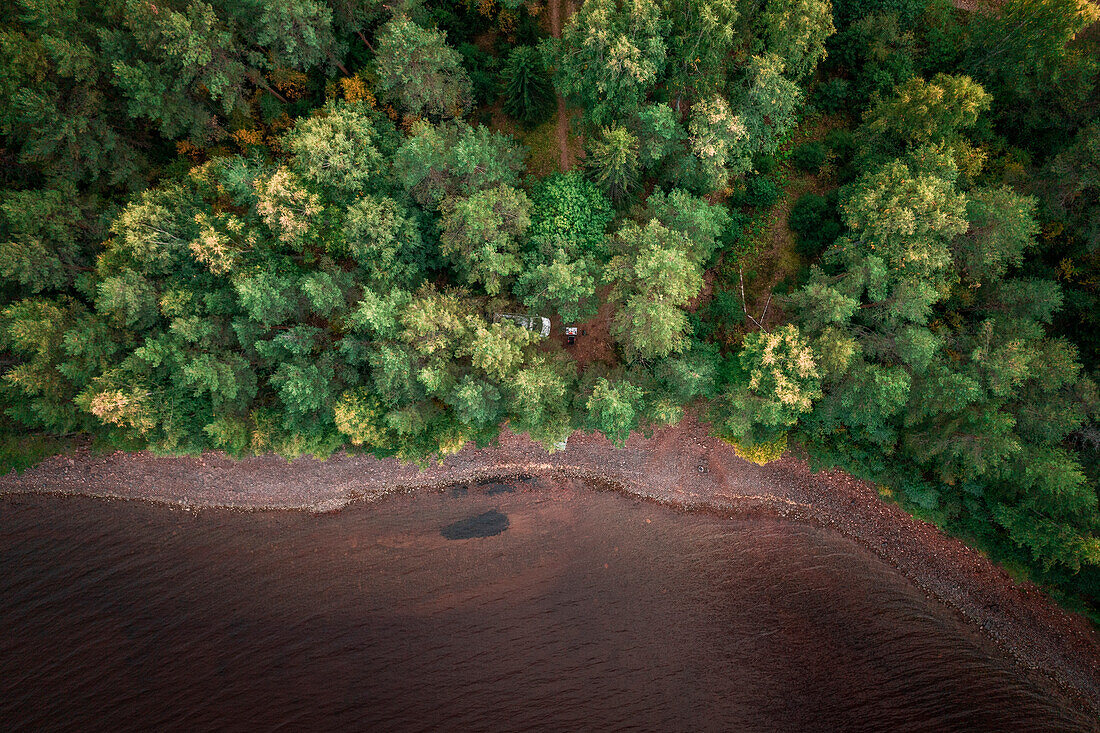 Forest at Lake Siljan from above in Dalarna, Sweden