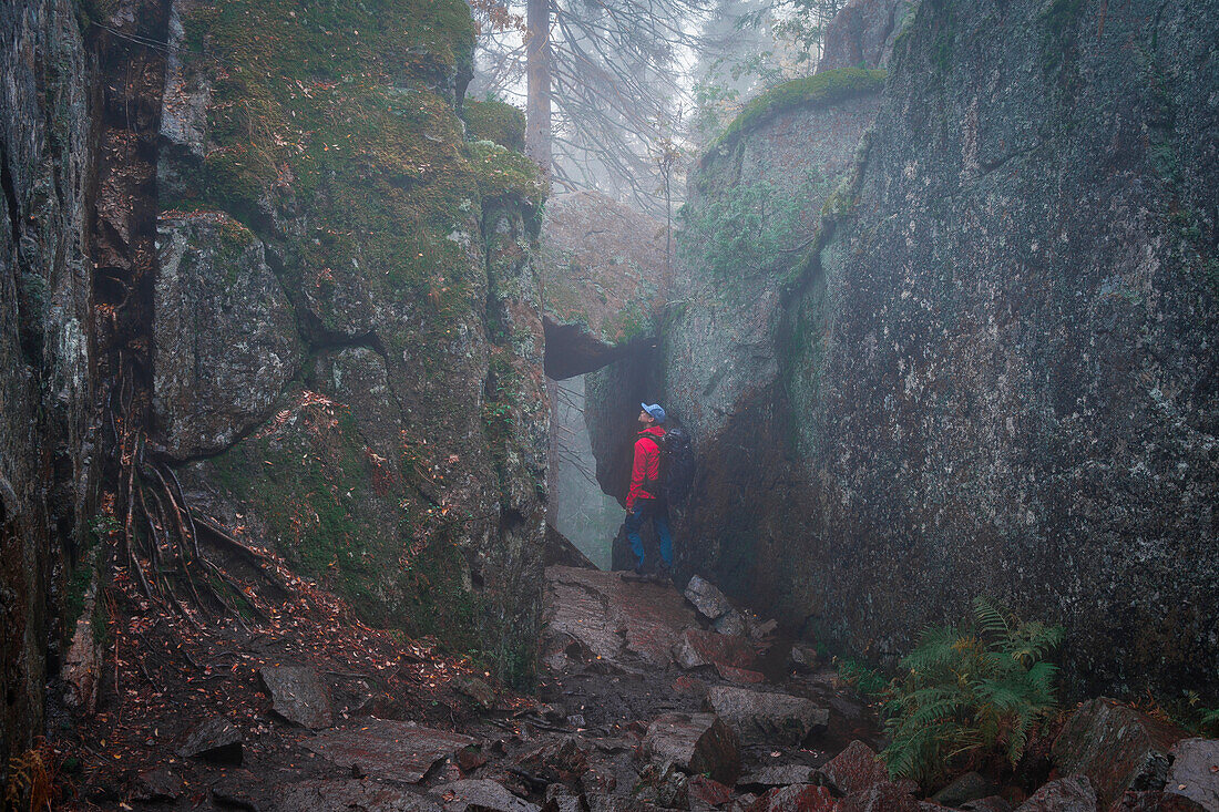 Man hikes through Slåttdalsskrevan canyon in Skuleskogen National Park in eastern Sweden