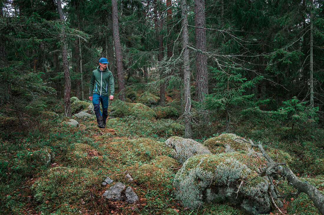 Mann wandert durch Wald mit Moos bedecktem Boden im Tyresta Nationalpark in Schweden\n