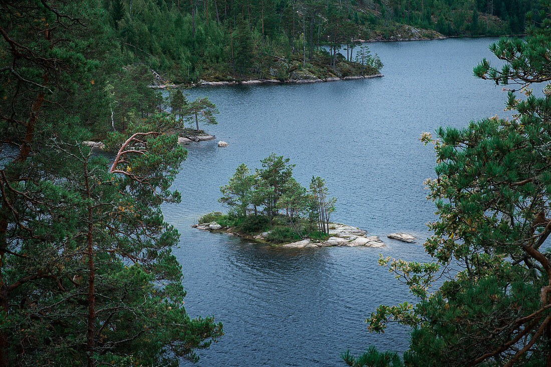 Kleine Insel im See Stensjön im Tyresta Nationalpark in Schweden\n