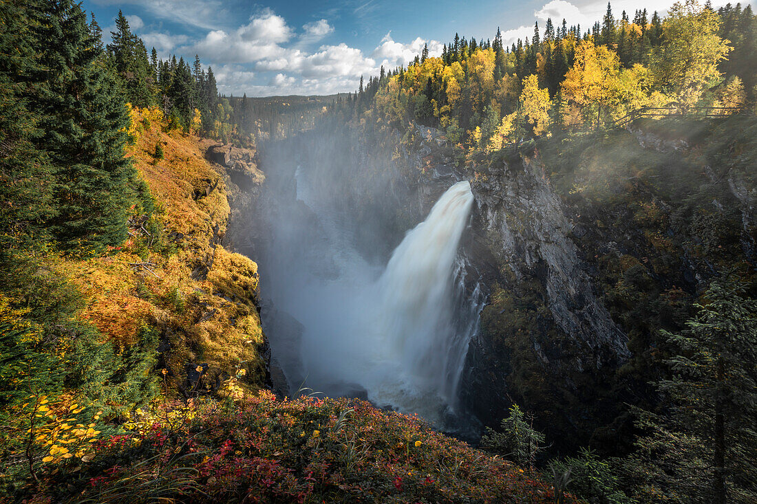 Wasserfall Hällingsåfallet bei Strömsund mit Wald im Herbst im Jämtland in Schweden \n