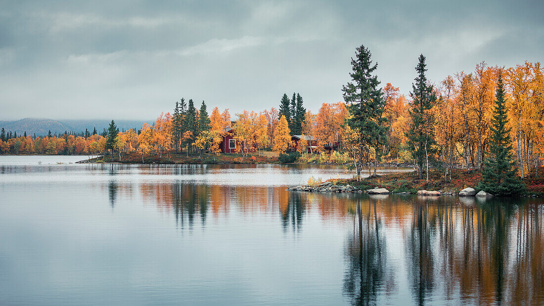 See mit gelben Bäumen im Herbst entlang der Wilderness Road in Lappland in Schweden\n