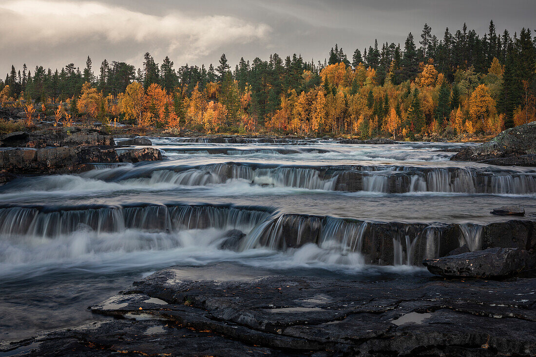 Trappstegsforsen waterfall in autumn along the Wilderness Road in Lapland in Sweden