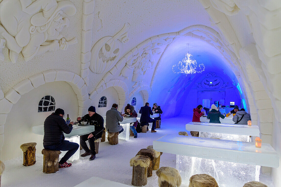 Restaurant in the snow hotel Lumilinna in Kemi, Finland