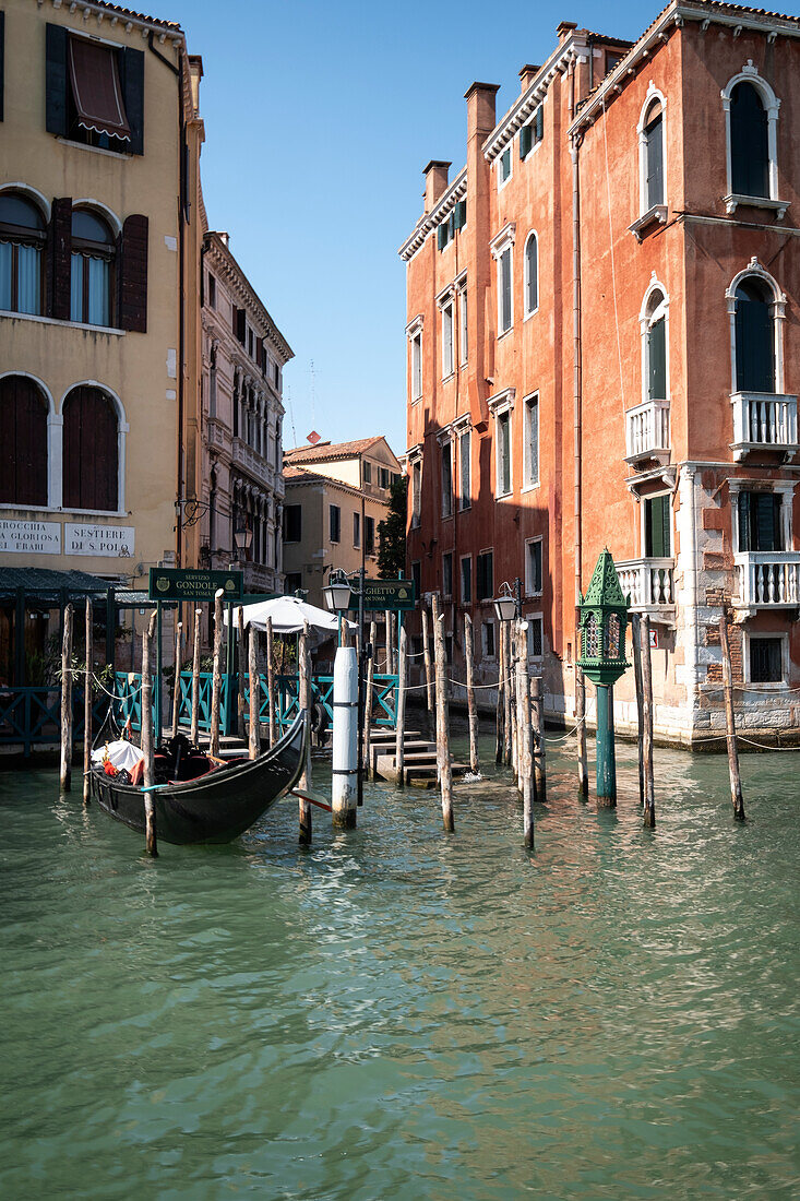 View of a gondola station in a canal in Venice, Venezia, Veneto, Italy, Europe