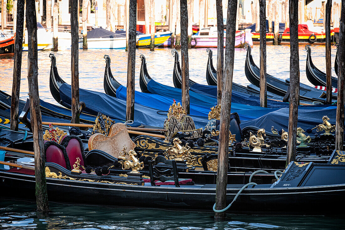 Detail view of the golden ornamental figures on the Venetian gondolas, Venice, Veneto, Italy, Europe