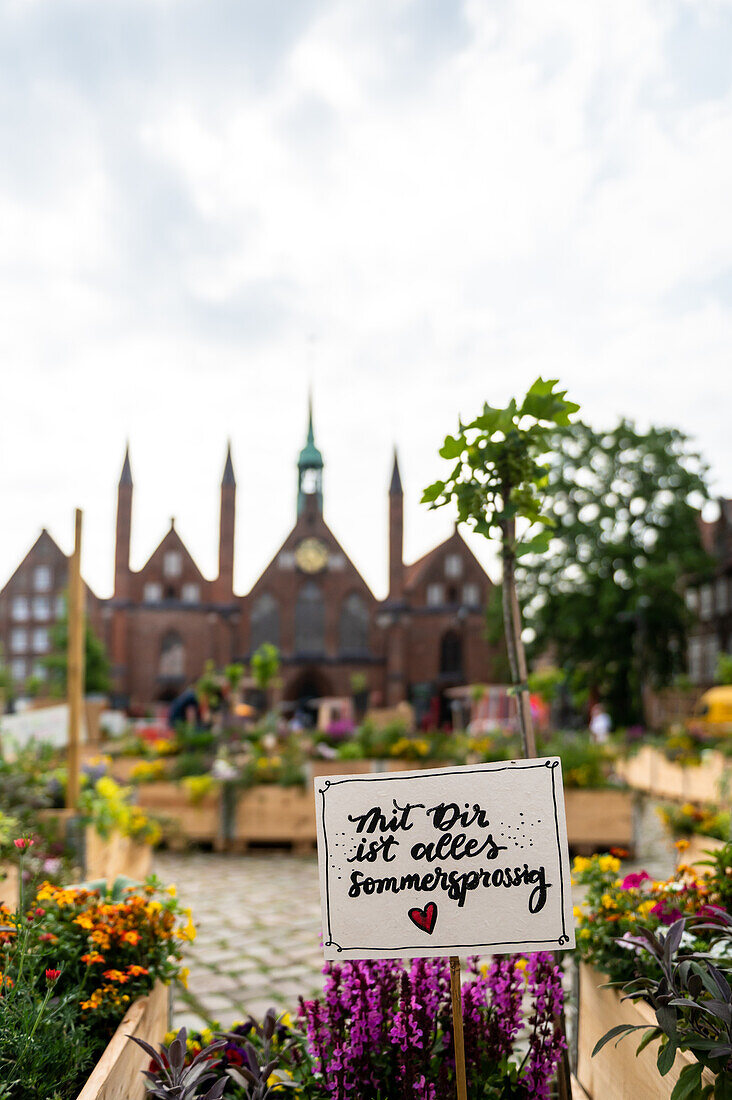 Compliment garden on the Koberg with the Heiligengeist Hospital, Lübeck, Hanseatic City, Schleswig-Holstein, Germany