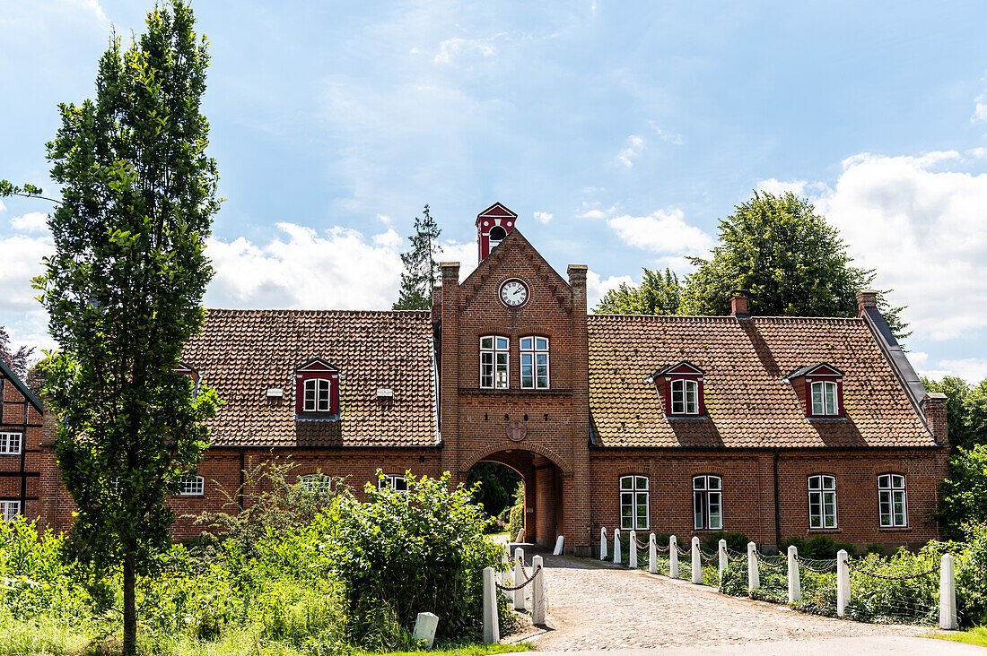 View of the gatehouse in Petersdorf, Lensahn, Ostholstein, Schleswig-Holstein, Germany