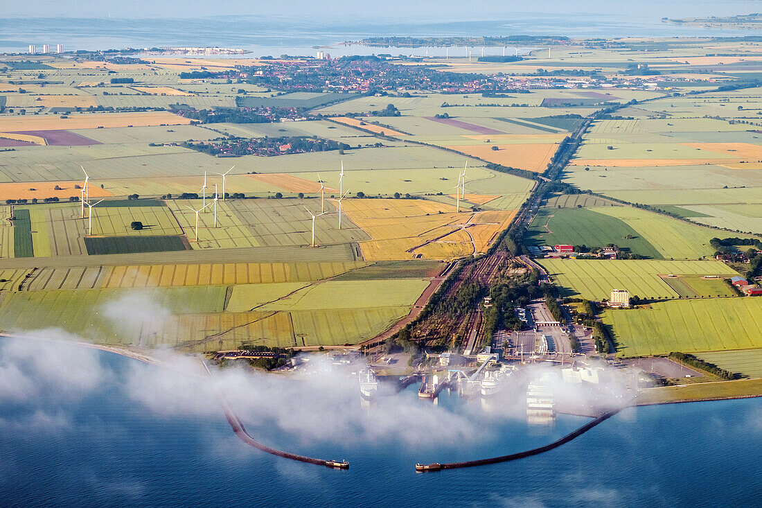 View from above on the ferry port in Puttgarden, Fehmarn, Baltic Sea, aerial view, Ostholstein, Schleswig-Holstein, Germany