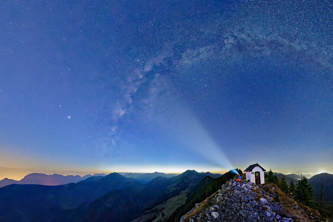 Milky Way spans the starry sky with a view of the Inn Valley, Brünnstein, Mangfall Mountains, Bavarian Alps, Upper Bavaria, Bavaria, Germany