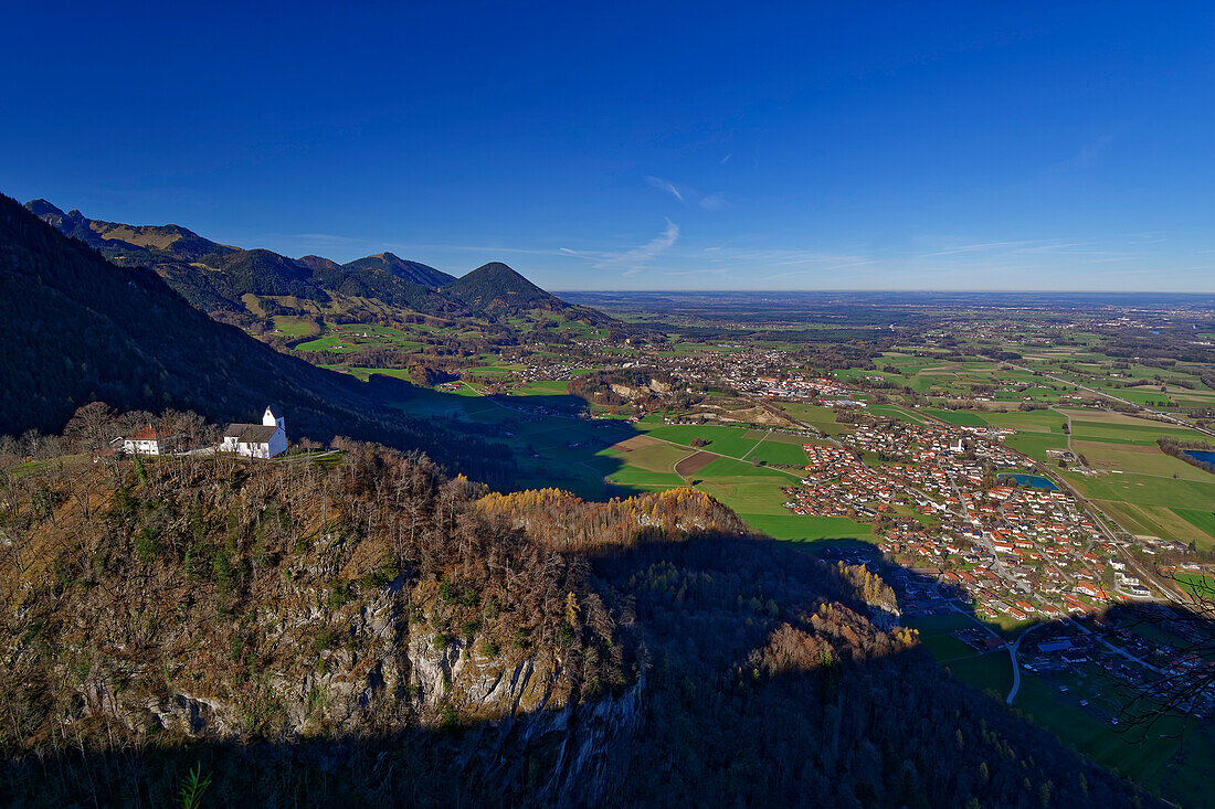 Church and inn at Petersberg are enthroned above Inntal, from Hohe Asten, Mangfall Mountains, Bavarian Alps, Upper Bavaria, Bavaria, Germany