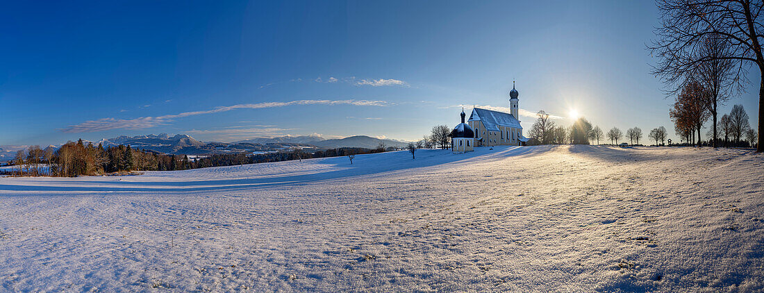 Panorama with wintry Chiemgau Alps, Bavarian Alps and Wilparting Church, Irschenberg, Upper Bavaria, Bavaria, Germany