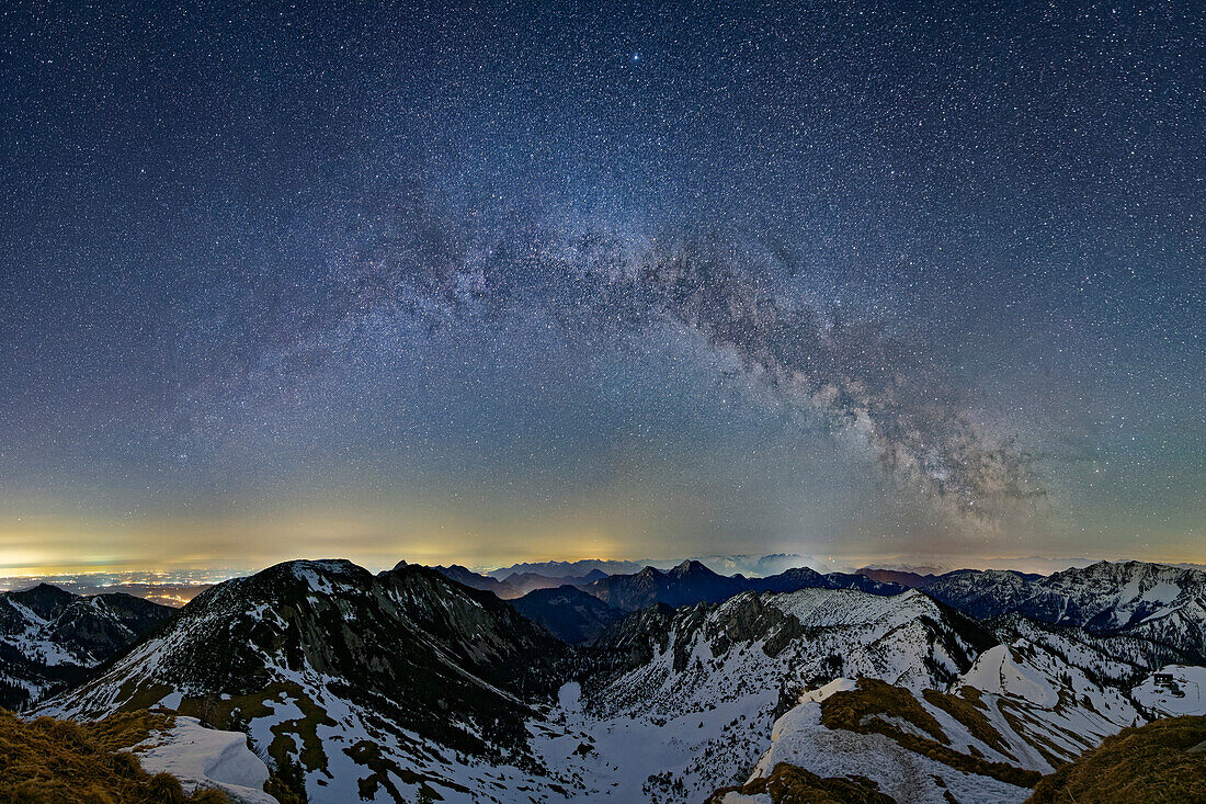 Panorama with Milky Way in the starry sky spanning the Bavarian and Chiemgau Alps, from the Rotwand, Spitzing area, Bavarian Alps, Upper Bavaria, Bavaria, Germany