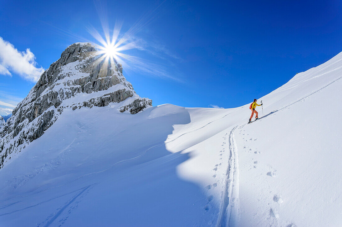 Woman on ski tour climbs up to Watzmannkar, Watzmannkar, Third Watzmannkind, Berchtesgaden Alps, Berchtesgaden National Park, Upper Bavaria, Bavaria, Germany