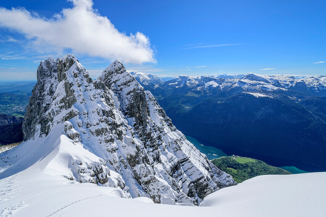 View of Kleiner Watzmann and Koenigssee, from the Third Watzmannkind, Berchtesgaden Alps, Berchtesgaden National Park, Upper Bavaria, Bavaria, Germany