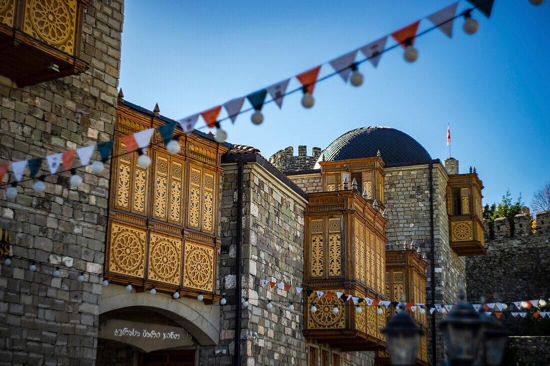 Architecture of medieval castle of Akhaltsikhe town, known as Rabati, with traditional carving balconies decoration, Georgia