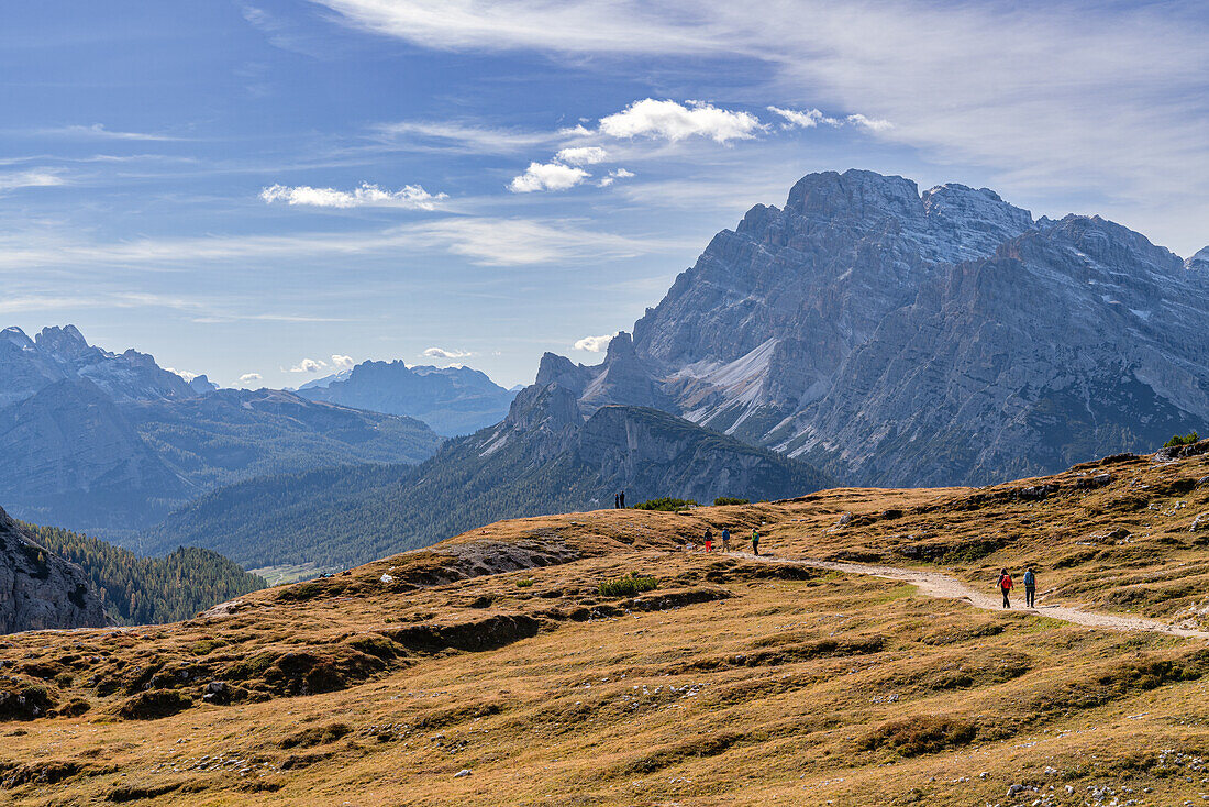 Descent from the Drei Zinnen with a view of the Cristallo group, South Tyrol, Italy, Europe