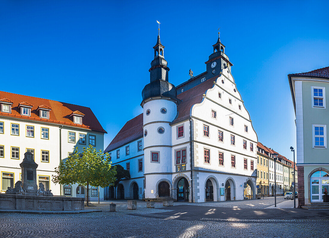 Market square and town hall in Hildburghausen, Thuringia, Germany