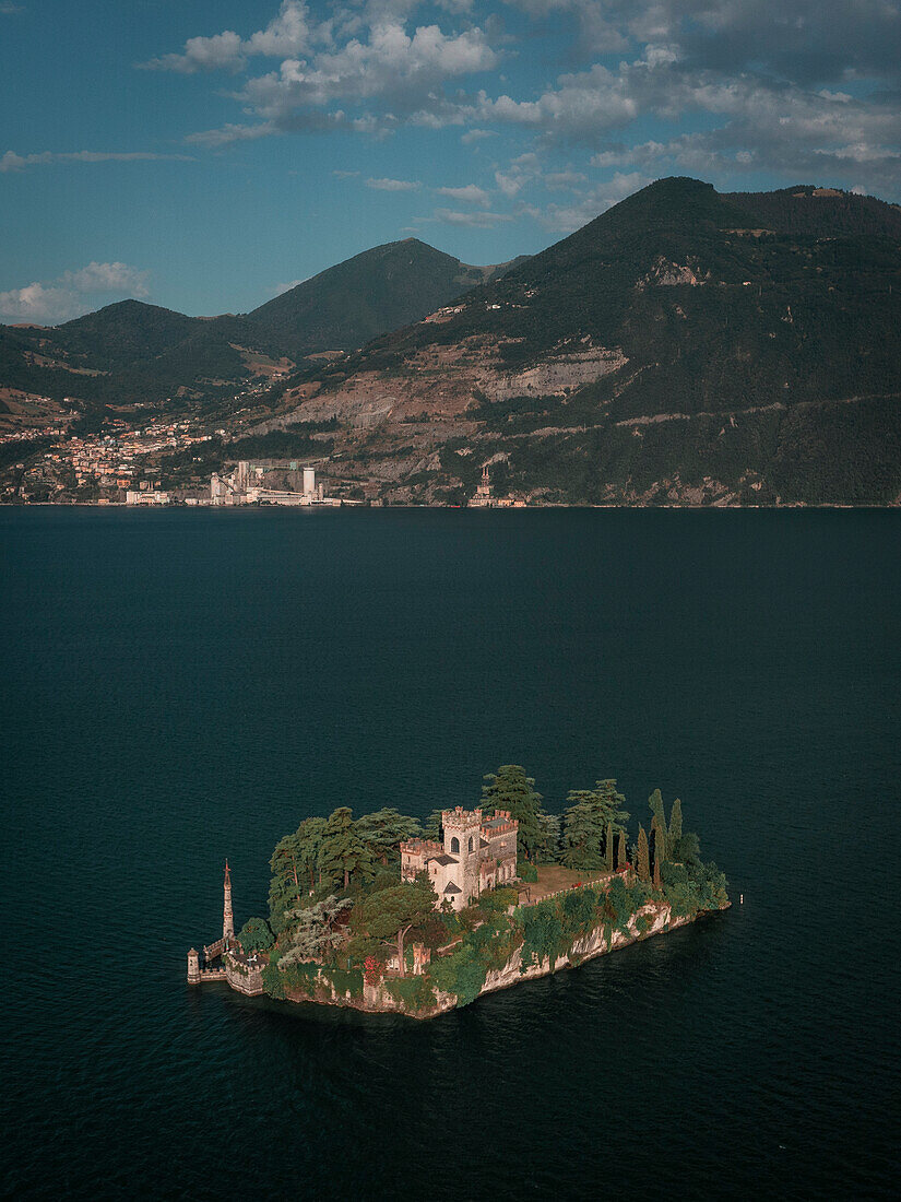 Castle Castello della Isola di Loreto on island in Lake Iseo from above, Italy