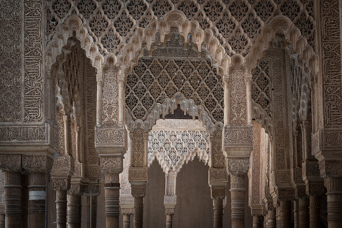 In the Court of the Lions of the Alhambra, Andalusia, Granada, Spain.