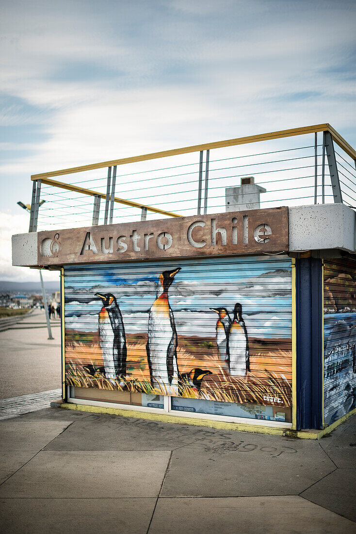 Mural depicting Magallan penguins at a stall in Punta Arenas, Patagonia, Chile, South America
