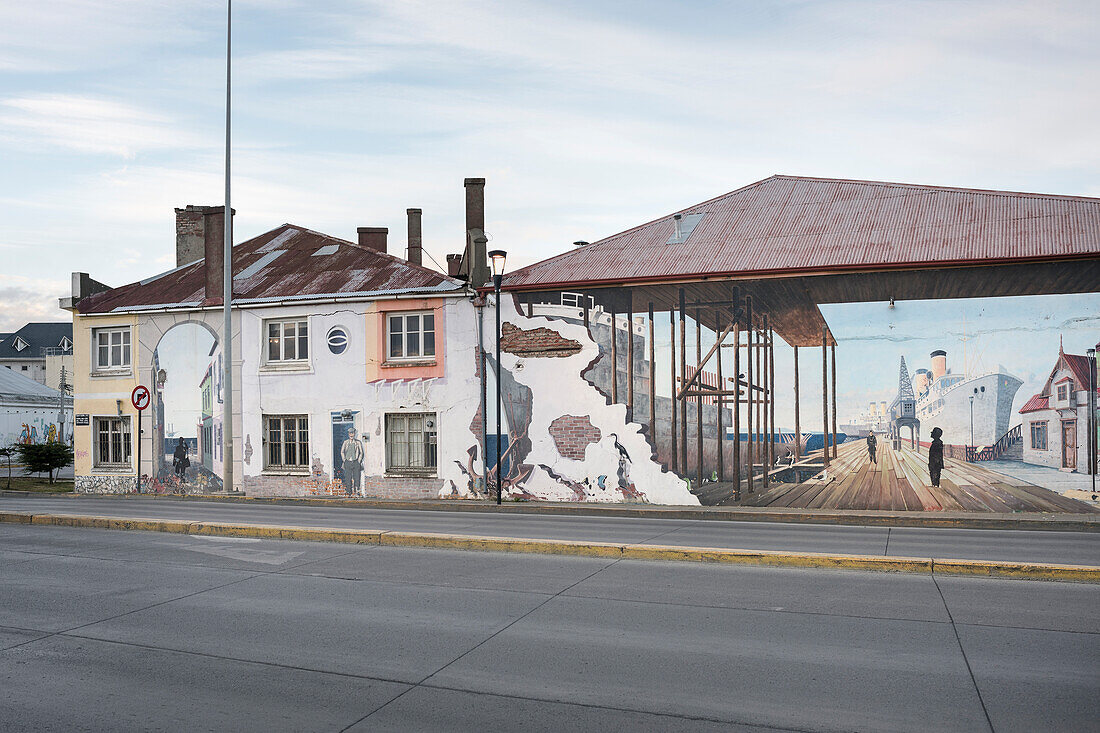 Murals on houses in Punta Arenas, Patagonia, Chile, South America