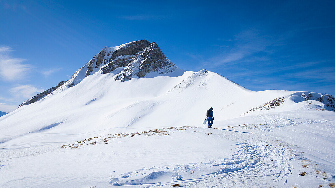 Person with a splitboard runs on a ridge in front of a mountain peak in Damüls in winter in the snow