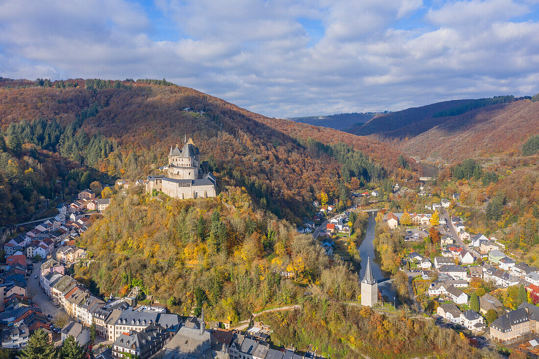 Aerial view of Vianden with castle, Vianden canton, Grand Duchy of Luxembourg