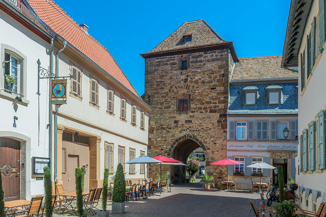 City wall with iron gate in Freinsheim on the German Wine Route, Rhineland-Palatinate, Germany