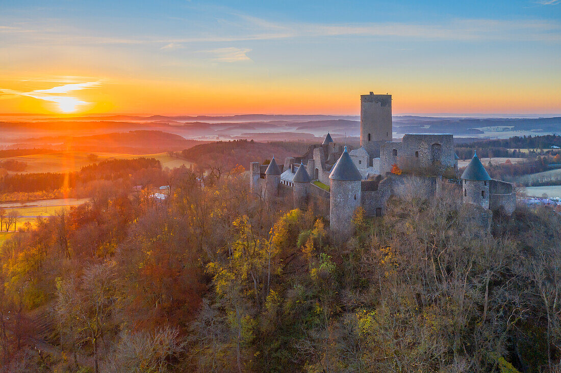 Aerial view of the sunrise over the Nürburg, Eifel, Rhineland-Palatinate, Germany